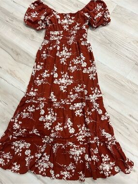 Rust Floral Puff-Sleeve Tiered Maxi Dress